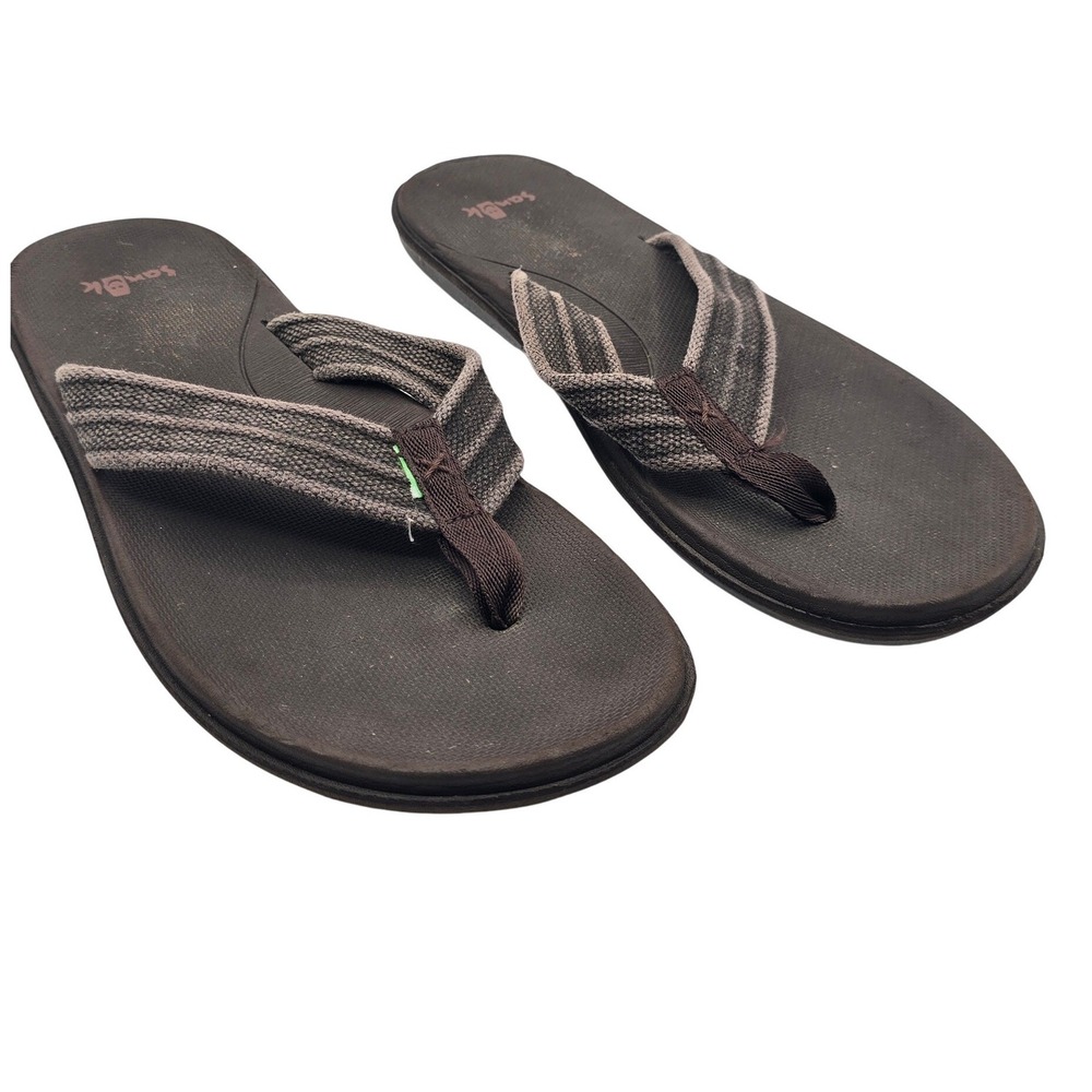 Sanuk Beer Cozy Brown Striped Yoga Mat Footbed Flip Flop Sandals Mens